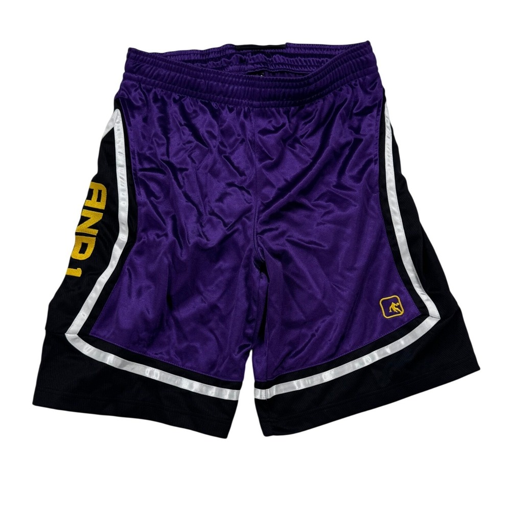 AND1 Basketball Shorts Mens Medium Purple Black Excellent Mesh Athletic Active